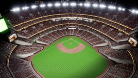 Empty night baseball and cricket arena with fans i illuminated by spotlights 3d render 4k video