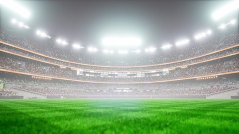 Empty night baseball and cricket arena with fans in fog and illuminated by spotlights 3d render 4k video