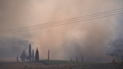 Thick dark smoke rising above the field that is on fire and burning due to the heat wave. Global warming, climate change concept.