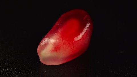 Large translucent pomegranate grain on a black surface. Seeds of pomegranate shrub berries. The fruit is ruby in color. High quality. 4k footage.