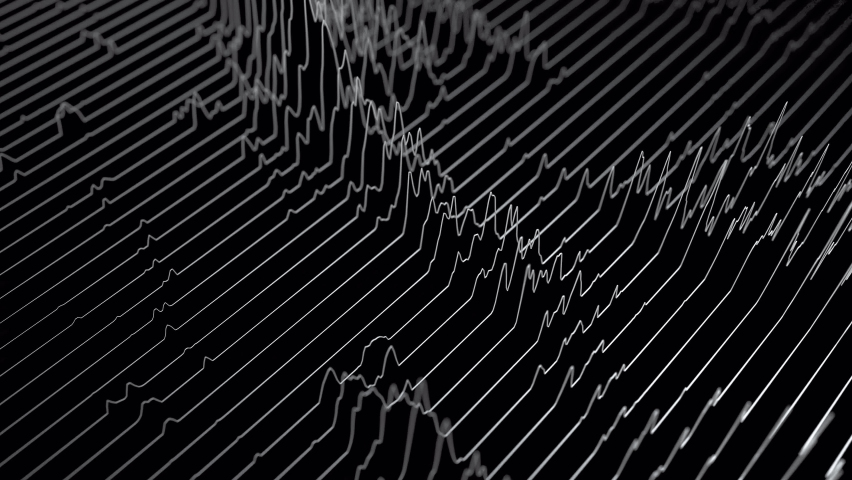 Audio wavefrom lines on black backdrop. Abstract music waves oscillation. Futuristic sound wave visualization. Synthetic music technology sample. Tune print. Royalty-Free Stock Footage #1081680104