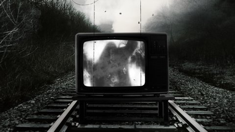 Train Arrival TV Railroad Tracks Travel Shot. Train coming through an old television left on a railroad track in the woods. Travel shot