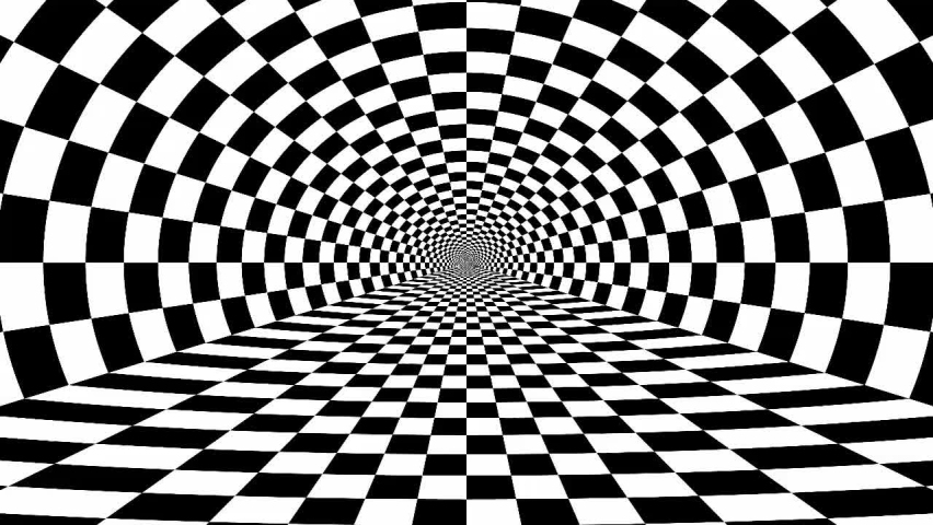 Abstract Black and White Pattern with Tunnel. Animated Optical Psychedelic Illusion. Smooth Checkered Spiral and Chessboard in Perspective. Loop Seamless Stock Footage. 3D Graphic Royalty-Free Stock Footage #1081681361
