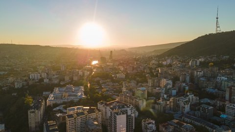 Aerial hyperlapse of beautiful cityscape of Tbilisi at sunrise, Georgia 2021