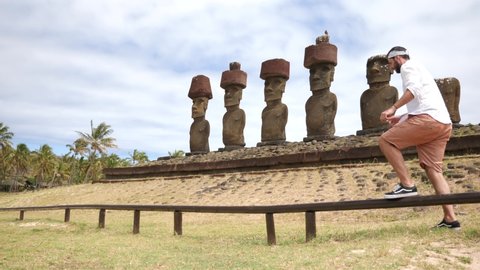 Anakena, Easter Island - Nov 1 21: Moai statues in Anakena, Rapa Nui, Easter Island, Chile. The giant sculptures of Rapa Nui or Easter Island called Moai in Anakena beach. 