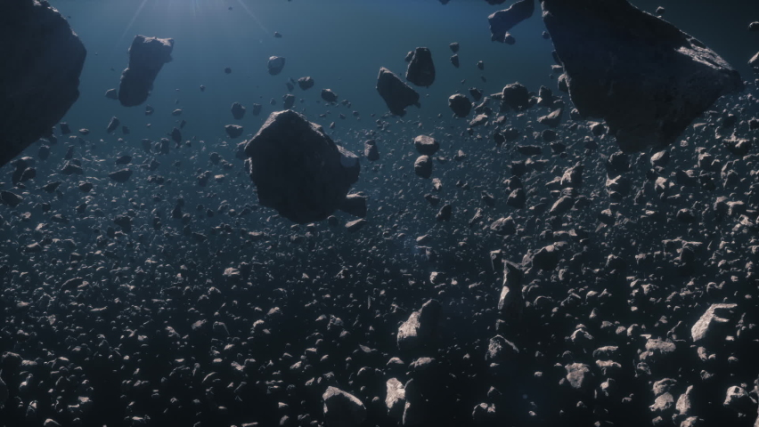 3d Render animation of Asteroids field in deep blue space with linear flying through camera move Royalty-Free Stock Footage #1081684526