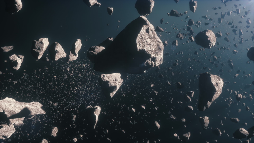 3d Render animation of Asteroids field in deep blue space with linear flying through camera move, close view