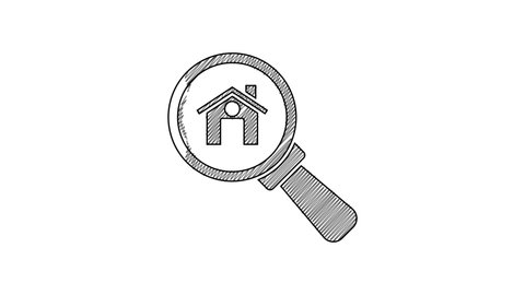 Black line Search house icon isolated on white background. Real estate symbol of a house under magnifying glass. 4K Video motion graphic animation.