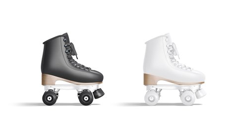 Blank black and white roller skates mockup, looped rotation, 3d rendering. Empty jam skate equipment mock up, isolated on white background. Clear skating sport shoelace for roller-derby template.