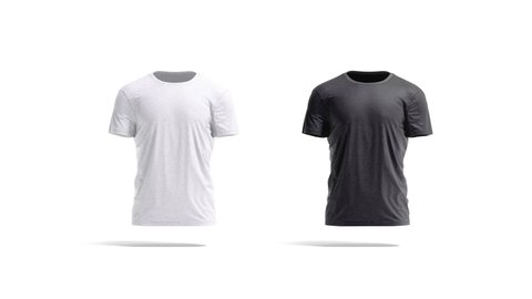 Blank black and melange wrinkled t-shirt mockup, looped rotation, 3d rendering. Empty casual male garment, isolated on white background. Clear turning fabric crumpled tee-shirt template.
