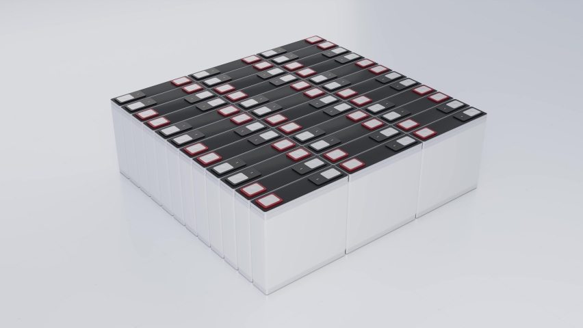 Lithium NMC rechargeable battery stacked for electric vehicle energy storage, new lithium-ion prismatic cell pack manufacturing industry 3D rendering rotate animation Royalty-Free Stock Footage #1081688309