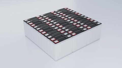 Lithium NMC rechargeable battery stacked for electric vehicle energy storage, new lithium-ion prismatic cell pack manufacturing industry 3D rendering rotate animation