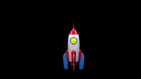 3d Cartoon rocket launch with smoke cloud. Rocket start creative project. Cartoony rocketship launch with smoke cloud. 3d animation with alpha channel.