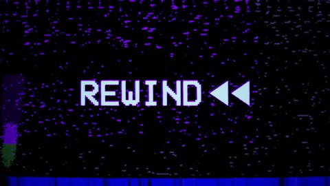 Videocassette recorder (VCR). Rewind sign, arrows. VHS defects, artifacts and noise. Glitches of old damaged tape cassettes. Static dynamic TV noise on display or screen. Retro vintage 4K texture 