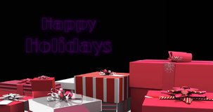 Animation of happy holidays text over snow falling and presents on black background at christmas. christmas, winter, tradition and celebration concept digitally generated video.