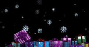 Animation of snow falling over presents on black background and winter landscape at christmas. christmas, winter, tradition and celebration concept digitally generated video.
