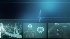 Animation of digital interface with medical icons and cardiogram on black background. medical and healthcare services communication technology concept digitally generated video.