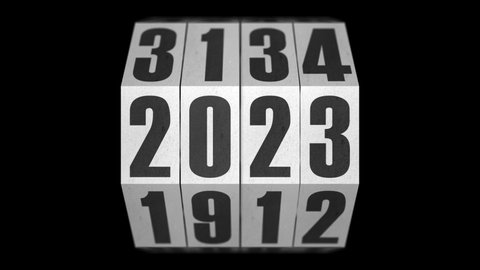 Vintage rotating mechanical counter switches from 2021 to 2026 on white. Perfect addition to your New Year countdown video.