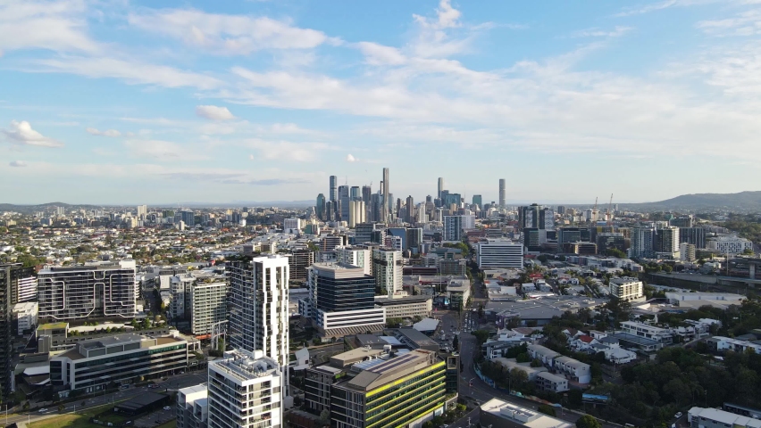 City Skyline In Central Business District Of Brisbane In Queensland, Australia. wide aerial