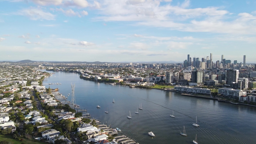 Panorama Of The Brisbane River Between The Suburbs Of Newstead And Bulimba In Brisbane, Australia. aerial