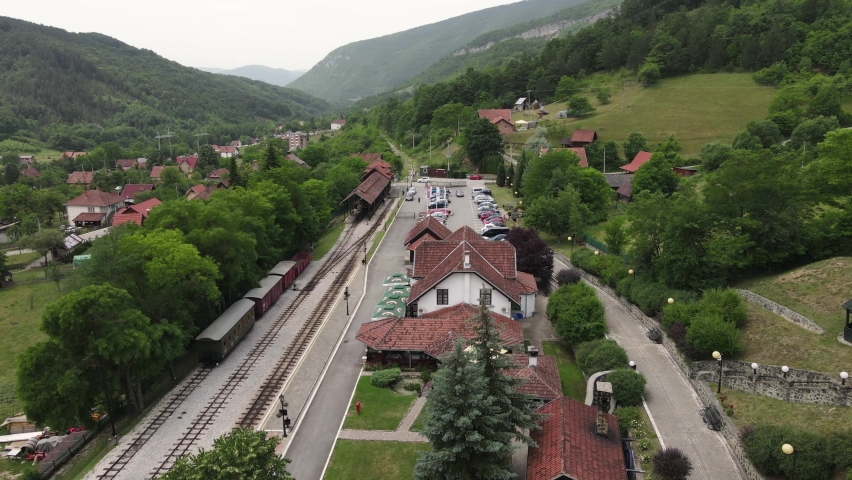 Mokra Gora, Serbia. Aerial View of Jatare Train Station and Narrow Gauge Railway Shargan Eight, Popular Tourist Attraction, Drone Shot