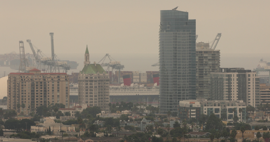 Daytime waterfront skyline view of Long Beach, California, USA.