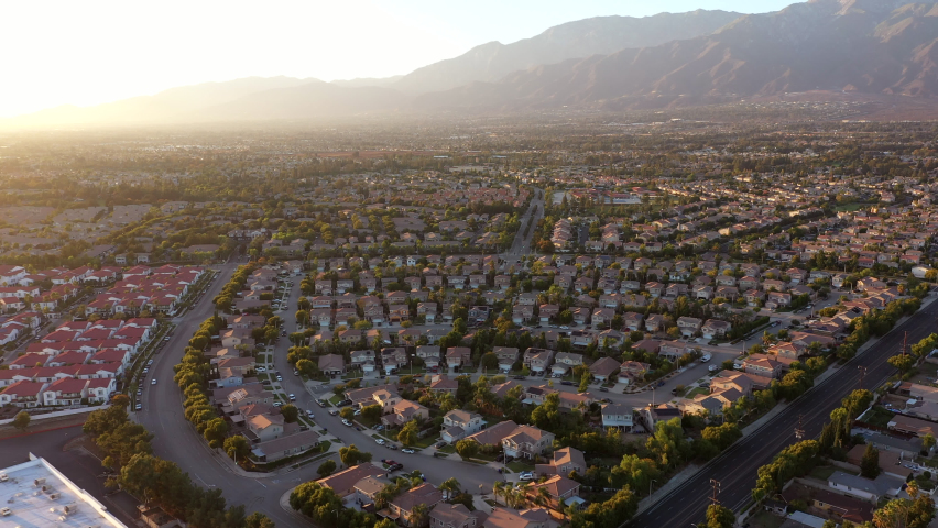 Sunset view of the residential suburban core of Rancho Cucamonga, California, USA.