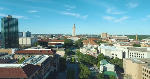 Austin UT Clock Tower at University of Texas Campus (Aerial Drone View in 4k)