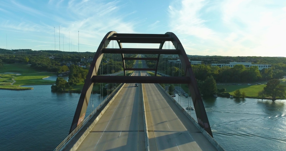 Pennybacker Bridge Flyover 360 Bridge in Austin Texas on Colorado River (Aerial Drone View in 4k)