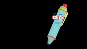 Pen Cartoon Character, Isolated on Transparent Background with Alpha Channel. Use it as Helpers, Symbol, Talisman, Assistant. 4K Ultra HD Seamless Loop Video Motion Graphic Animation.