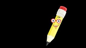 Pencil Cartoon Character, Isolated on Transparent Background with Alpha Channel. Use it as Helpers, Symbol, Talisman, Assistant. 4K Ultra HD Seamless Loop Video Motion Graphic Animation.