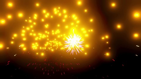Bright golden fireworks on a black background, a series of flashes, festive background, computer effect