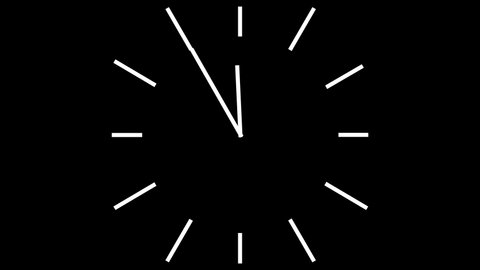 Clock rotation time lapse (11:00 to 12:00). Graphics White on Black (can use as Alpha-Channel).