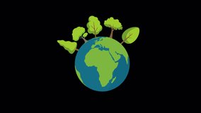 Eco planet animation.Green earth with tree motion graphic elements.Global rotating with green environment concept.Alpha channel 

