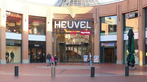 Eindhoven, The Netherlands, October 29 2021. A The Heuvel Galerie entrance, a big famous shopping mall in the city centre shot from the outside on a sunny day