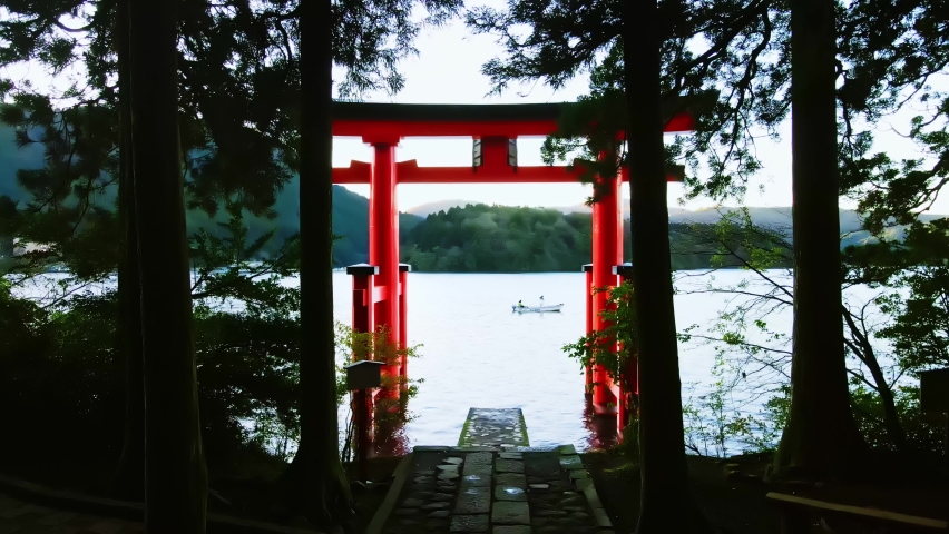 Torii on the lake. Japanese shrine. Royalty-Free Stock Footage #1081725377