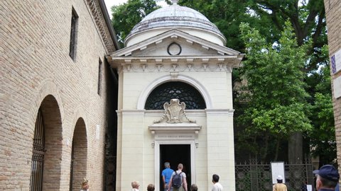 Ravenna, Italy JUNE, 5, 2016. Backwards view of Dante's tomb with the tourists waiting. Daylight 