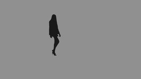 Silhouette of young elegant model walking on runway during fashion show,  Full HD footage with alpha transparency channel isolated on gray background