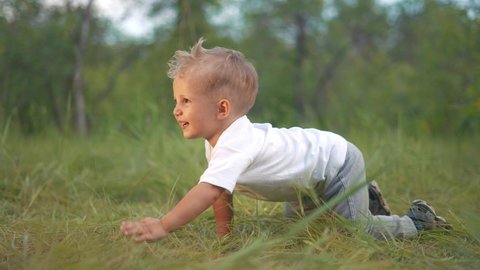 little baby boy crawling a on the grass in the park. happy family kid dream concept. little boy baby crawling outdoors in the park playing. fun happy family childhood concept