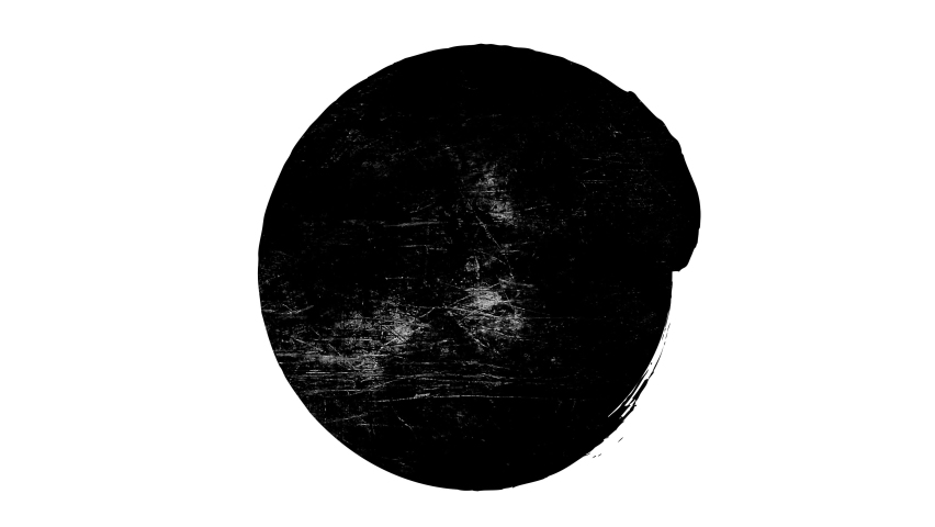 Abstract grunge dirty monochrome circle shape on white background. Scratched damaged dynamic element in trendy vintage stop motion style. Seamless loop animation for design banner, stamp.