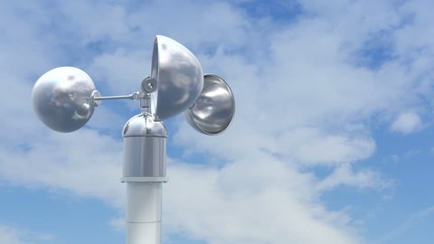 Shiny anemometer rotates on the wind. Loop ready animation of device used for measuring wind speed. Black and white mask is included for main object that allows for easy background change.