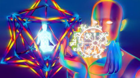 looped 3d animation a demiurge shimmering with all colors holds a magical artifact in his hands against the background of a yogi meditating inside merkaba