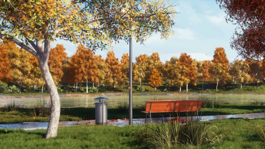 Panoramic serene autumn landscape in city park on embankment of lake with walkway, empty benches and leaves falling from lush colorful trees at autumnal day. With no people 3D animation rendered in 4K Royalty-Free Stock Footage #1081740233