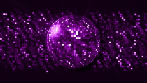 Beautiful shiny background with rotating disco ball. Motion. Bright rotating ball with shiny squares. Colored disco ball rotates on background of shiny squares