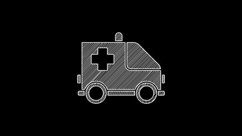 White line Ambulance and emergency car icon isolated on black background. Ambulance vehicle medical evacuation. 4K Video motion graphic animation.