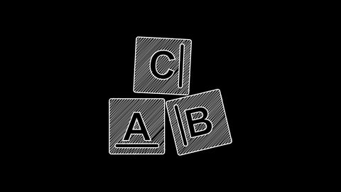 White line ABC blocks icon isolated on black background. Alphabet cubes with letters A,B,C. 4K Video motion graphic animation.