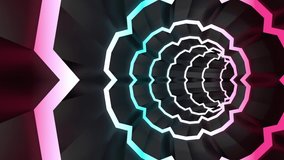 Neon Lights Vortex Threaded Shaped Tunnel Loop animation of light tunnel stage for your video backgrounds, concert visual performances, dance parties, music clips, nightclubs, events, Dj, Vj