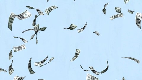 100 Dollar Bills on a blue background. Rain Effects. 3D Animation Money Rain, business animation Money, effects production background.
