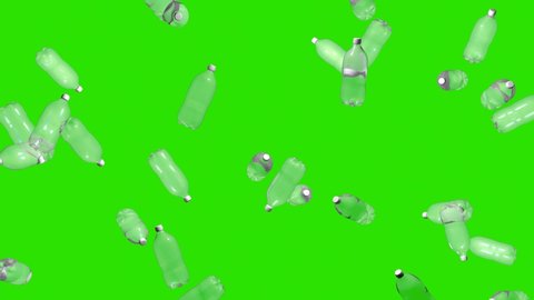 Plastic bottles are falling on the green screen. Rain from plastic bottles. 3D animation. Environmental pollution concept. recycling of plastic. Ecological problems. Environmental Protection.