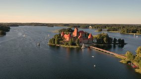Trakai,Lithuania.Beautiful Aerial 4K video from drone to Trakai Castle, located in the middle of Galve lake in Lithuania.Trakai Island Castle - one of the most popular tourist destination in Lithuania